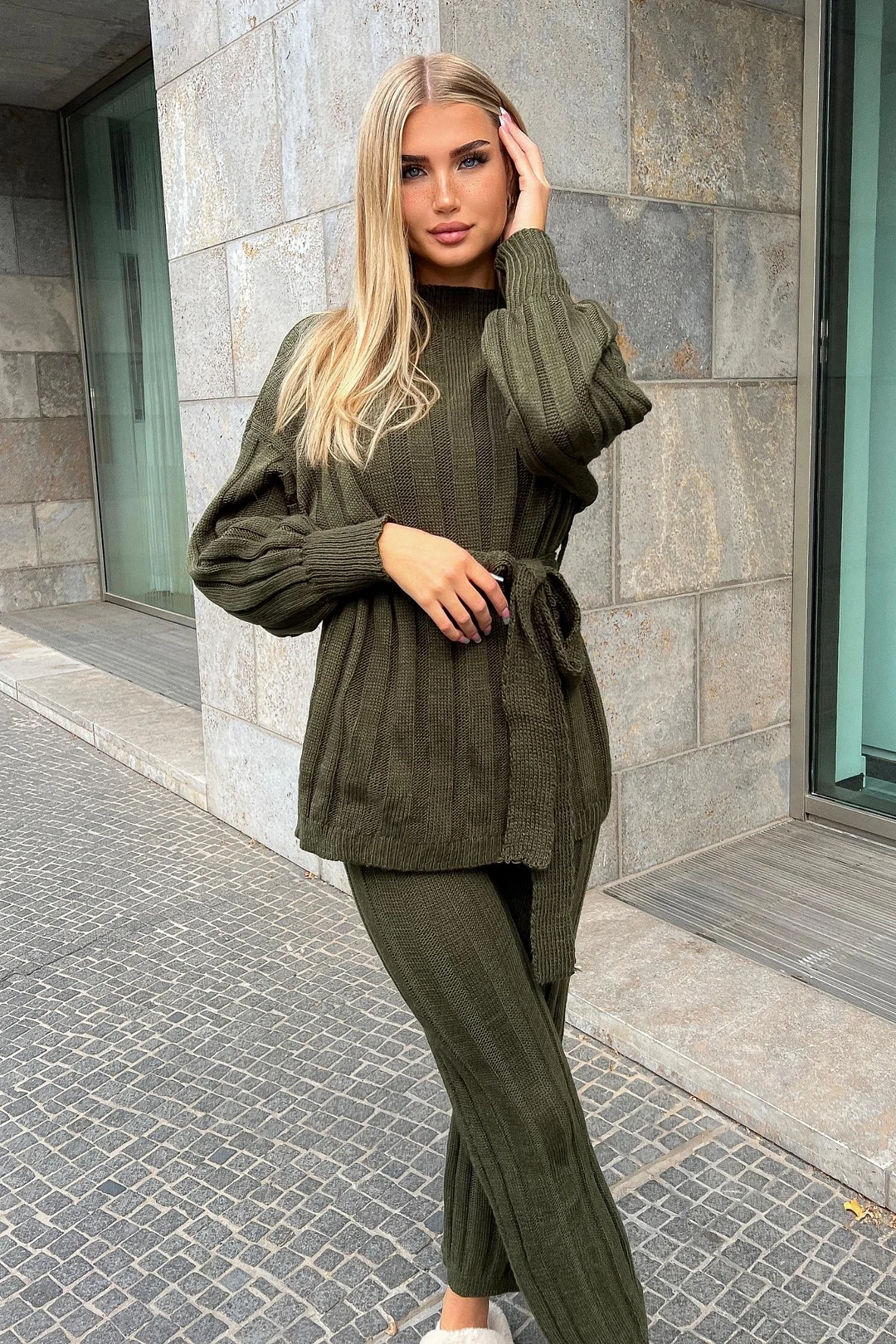 Strick SET mit Kragen - Khaki