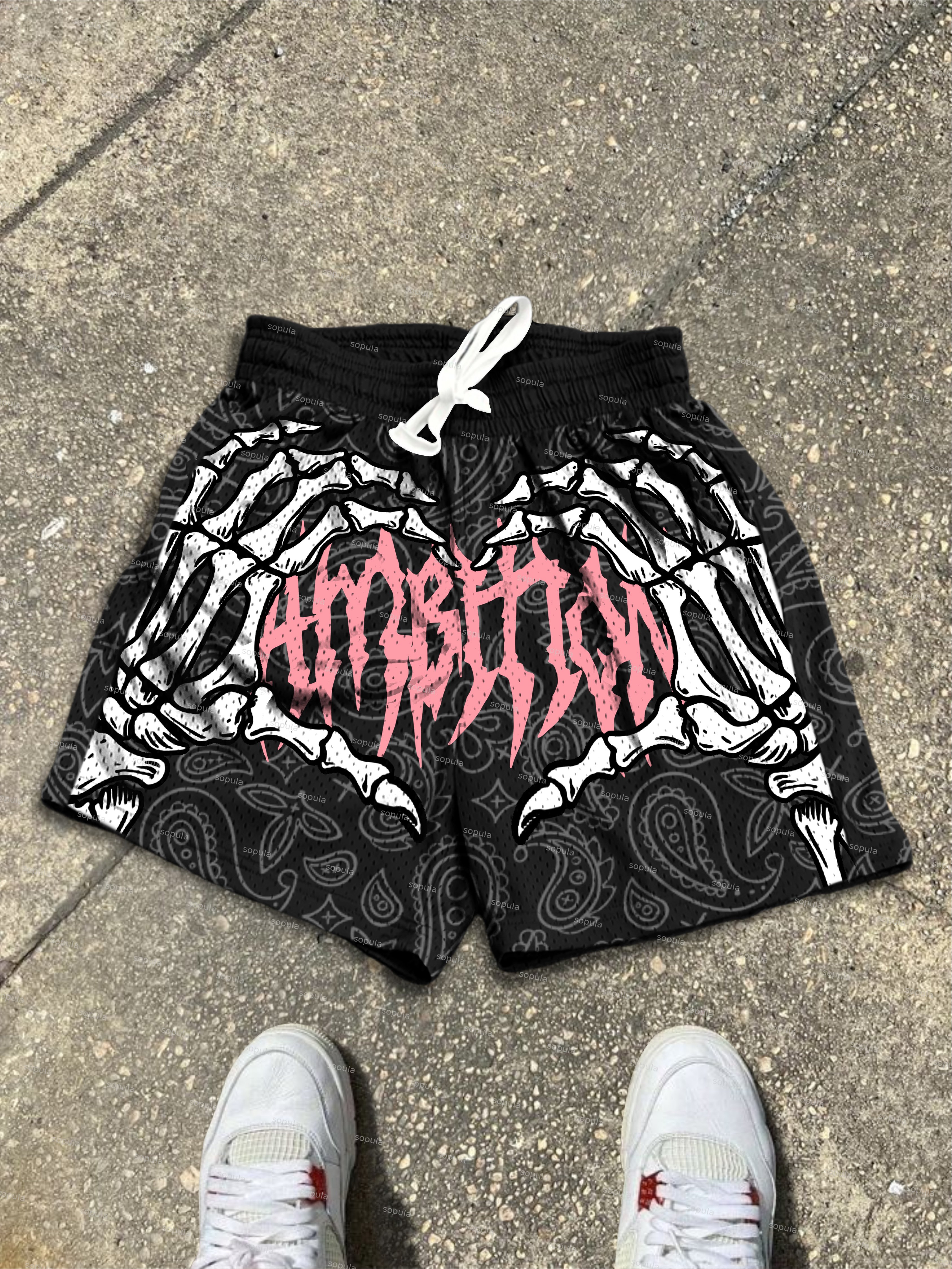 Ambition Skull Hand Cashew Flower Graphic Mesh Shorts