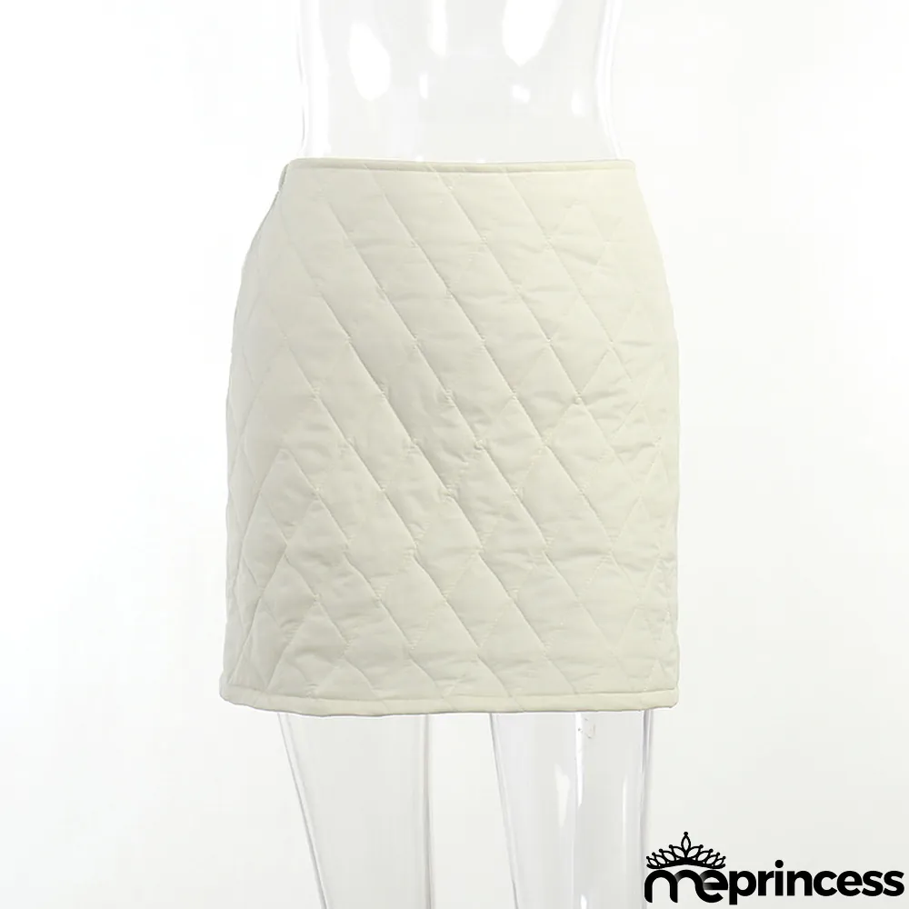 Women Turndown Collar Long Sleeve Diamond Padded Jacket and Skirt Two Piece