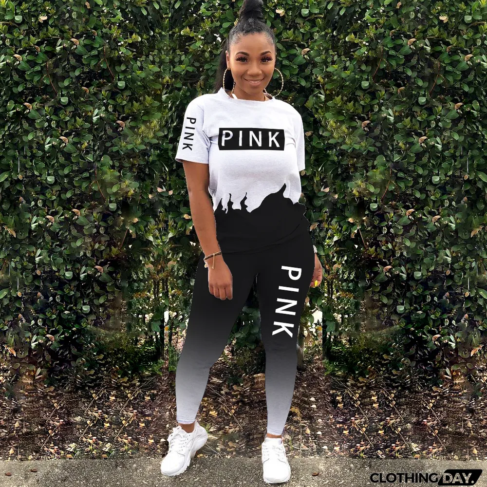 Two Piece Letter Print Contrast Gradient Shirt and Pants Set