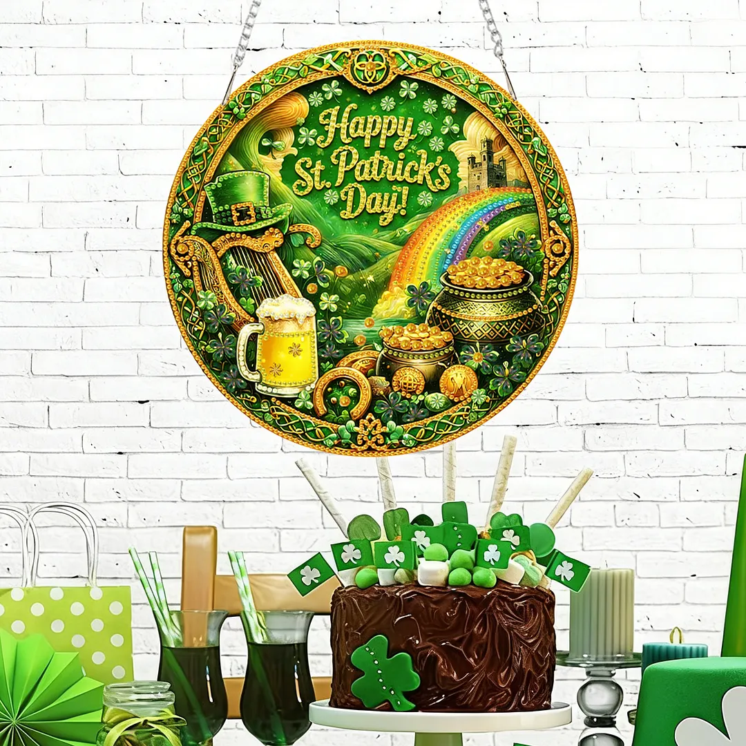 St Patricks Day DIY 2D Flat Acrylic Diamond Painting Kits 5D Diamond Art Painting Window Pendants for Home Garden Wall Decoration