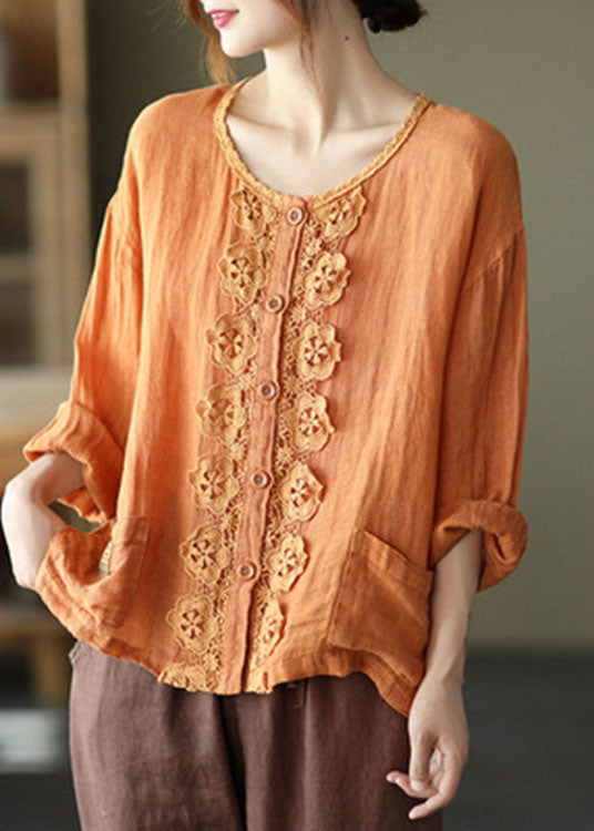 VCSHOES Orange Embroideried Hollow Out Patchwork Fall Linen Top