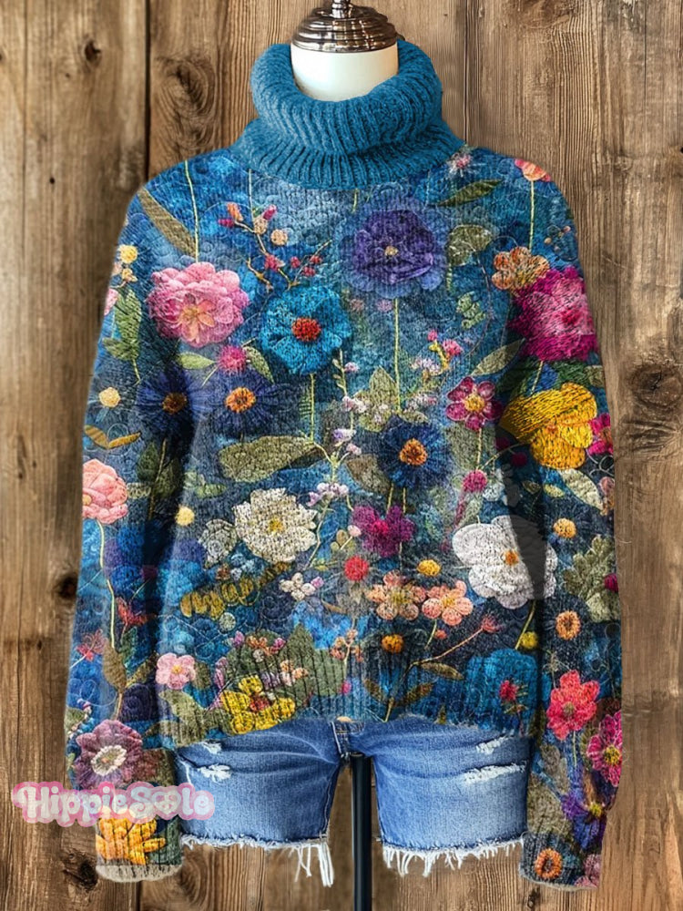Floral Print Knit Turtleneck Pullover Sweater Multicolor / S