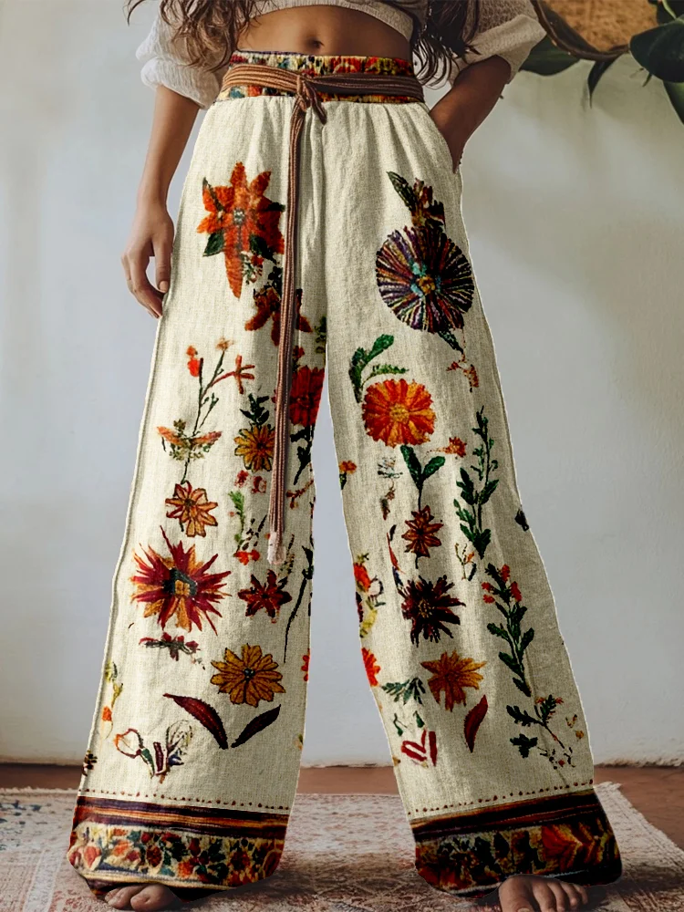 Vintage Floral Embroidered Linen Blend Comfy Pants