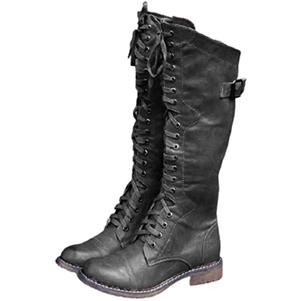 Women's Round Toe Lace Up Knee High Riding Boots Low Heel Criss Cross Combat Boots