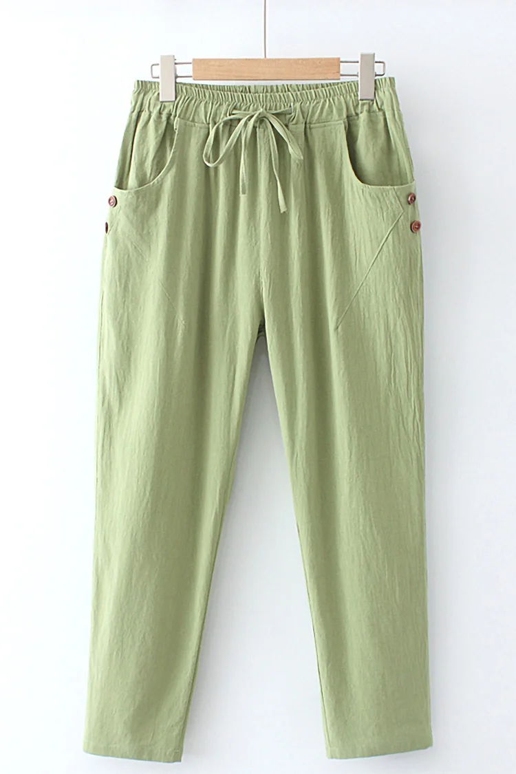 Flycurvy Plus Size Casual Navy Blue Linen Pocket Decorative Button Drawstring Pants