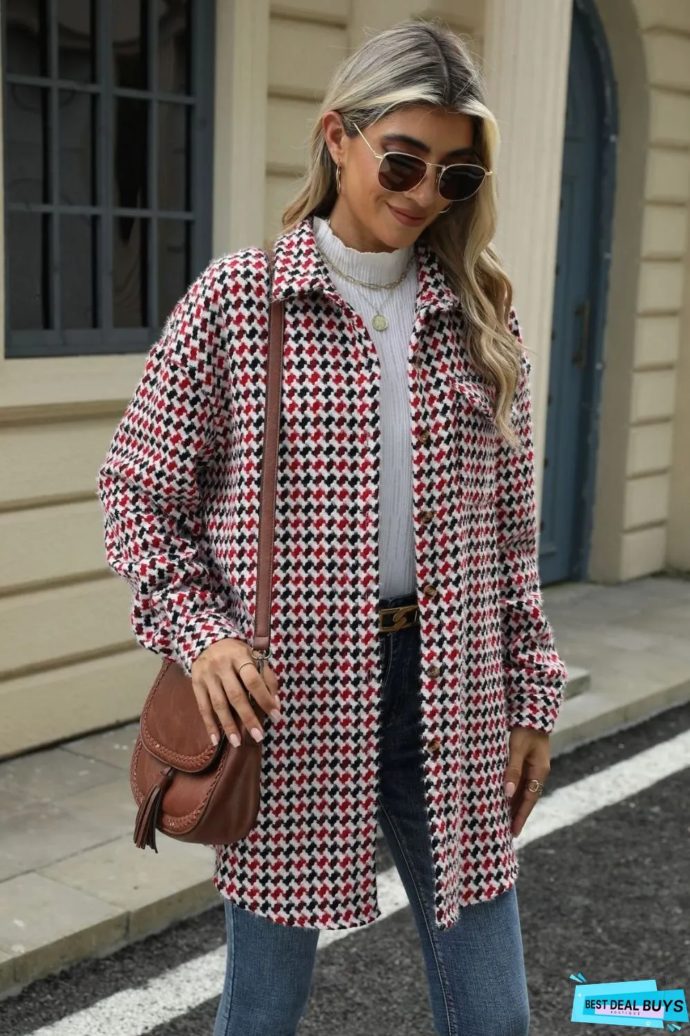 Houndstooth Button Up Dropped Shoulder Coat