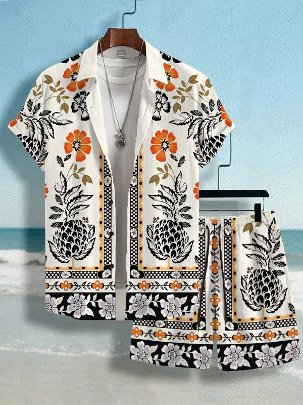 Men's Resort Style Tropical Floral Pattern Short Sleeve Shirt Set