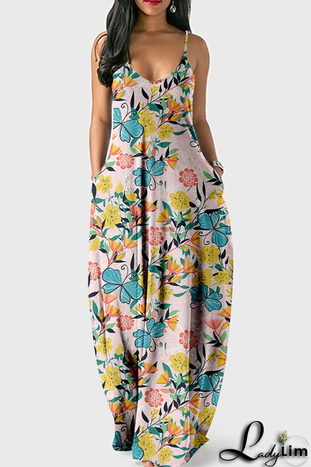 Blue Casual Sweet Print Patchwork Spaghetti Strap Sling Dress Dresses