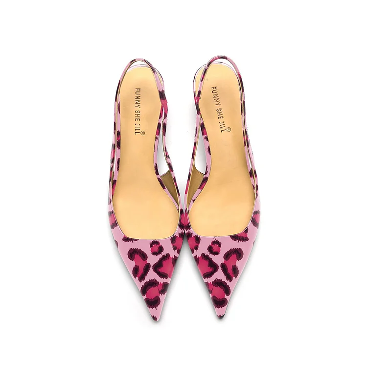 Pink Leopard Print Slingback Patent Leather Kitten Heel Dress Shoes Vdcoo