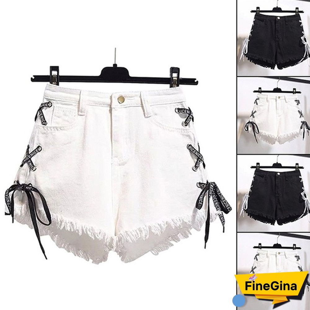 Women Fashion Raw-strap High-waist Denim Shorts with Loose Skinny Plus Size Pants