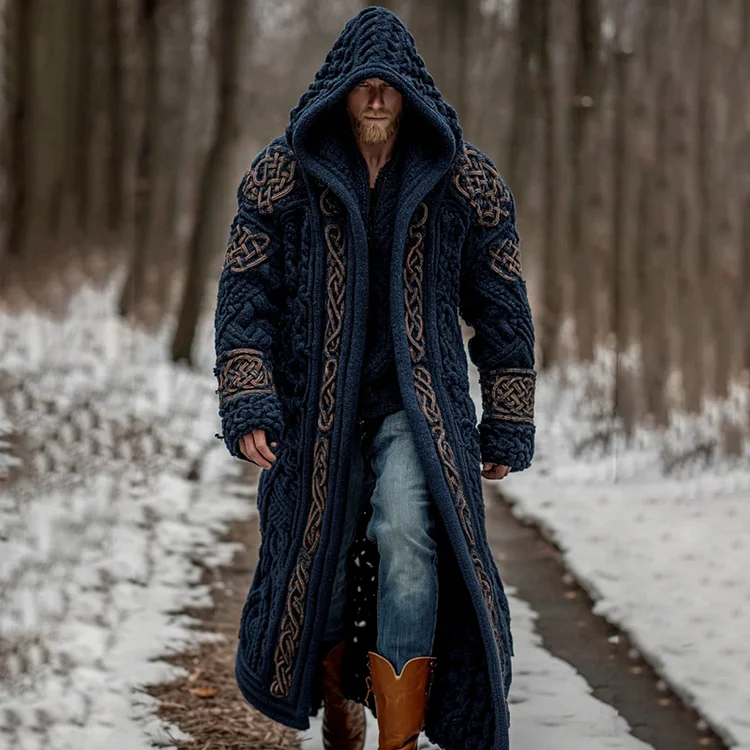 Men's Viking Celtic Knot Art Pocket Mid-length Cardigan Sweater