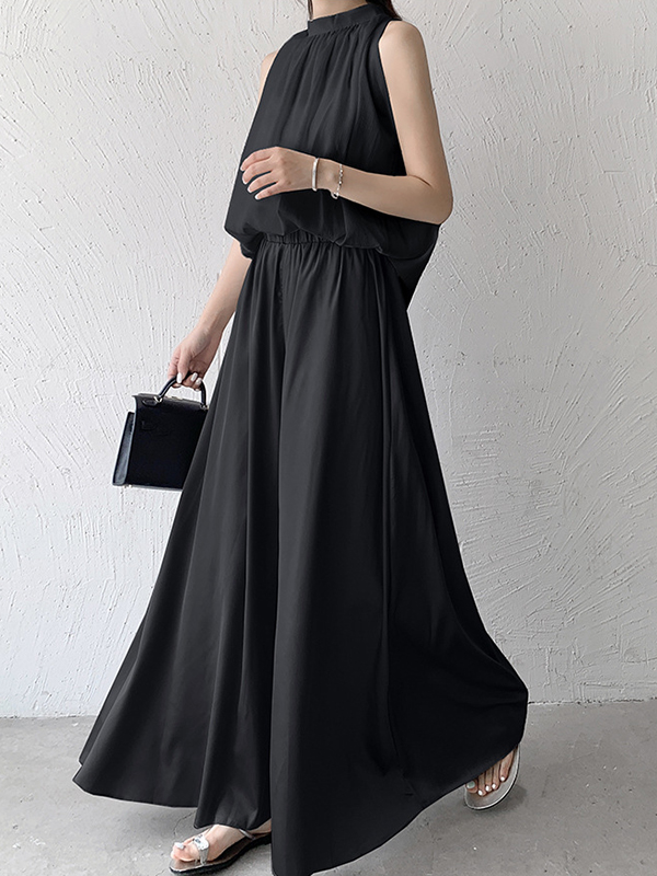 Solid Color Wide Leg High Waisted Culotte Casual Pants Bottoms BLACK-L