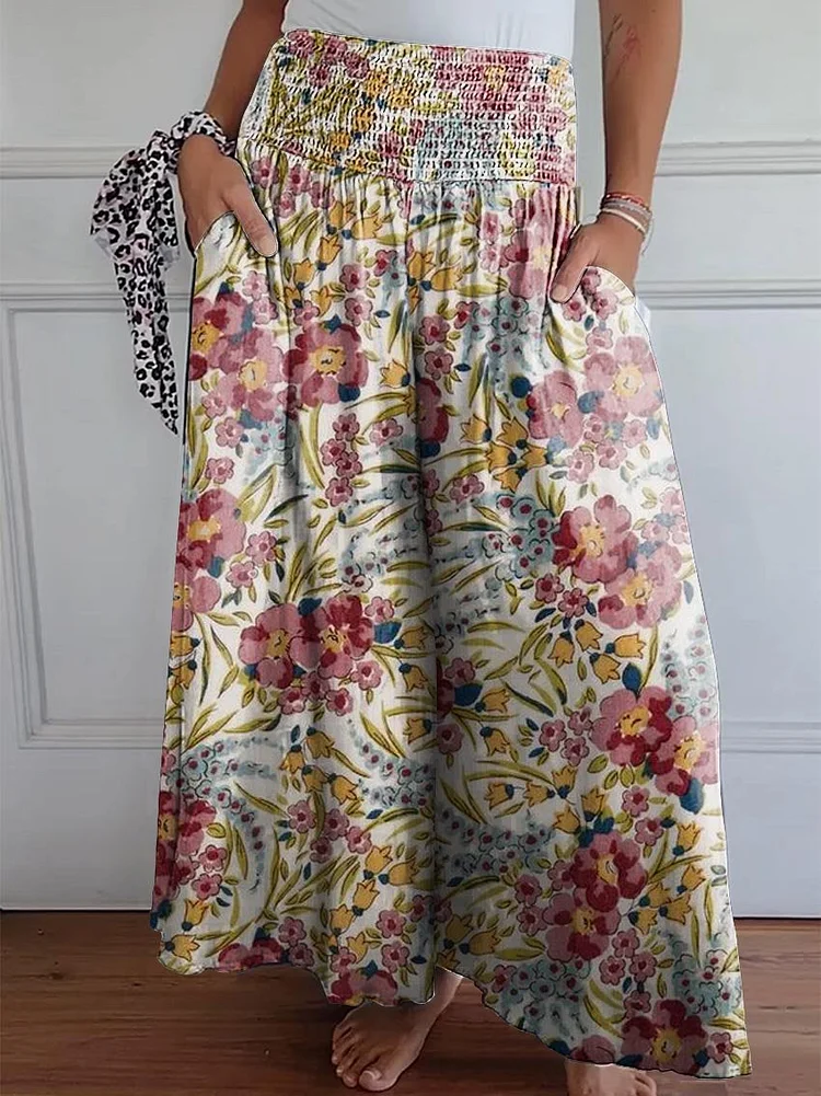 Women's Pastoral Style Floral Watercolor Simple Print Cotton Wide Leg Pants