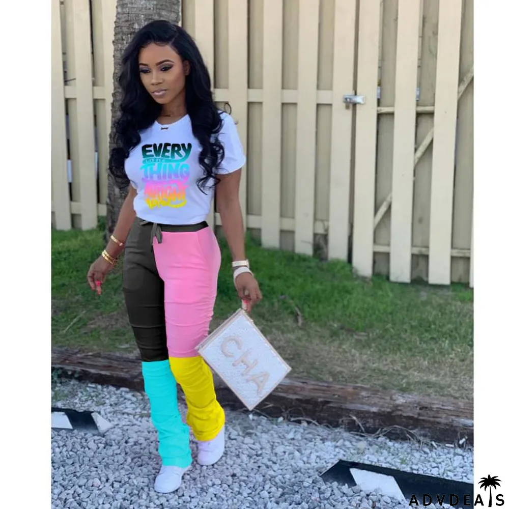 Casual Placement Print Letter Contrast Pleated Two-Piece Set