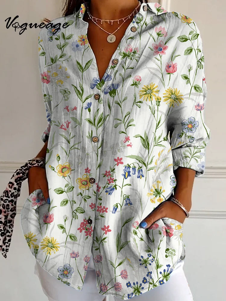 Casual And Versatile Daily Small Floral Plants Long Sleeves Printed Cotton And Linen Shirt
