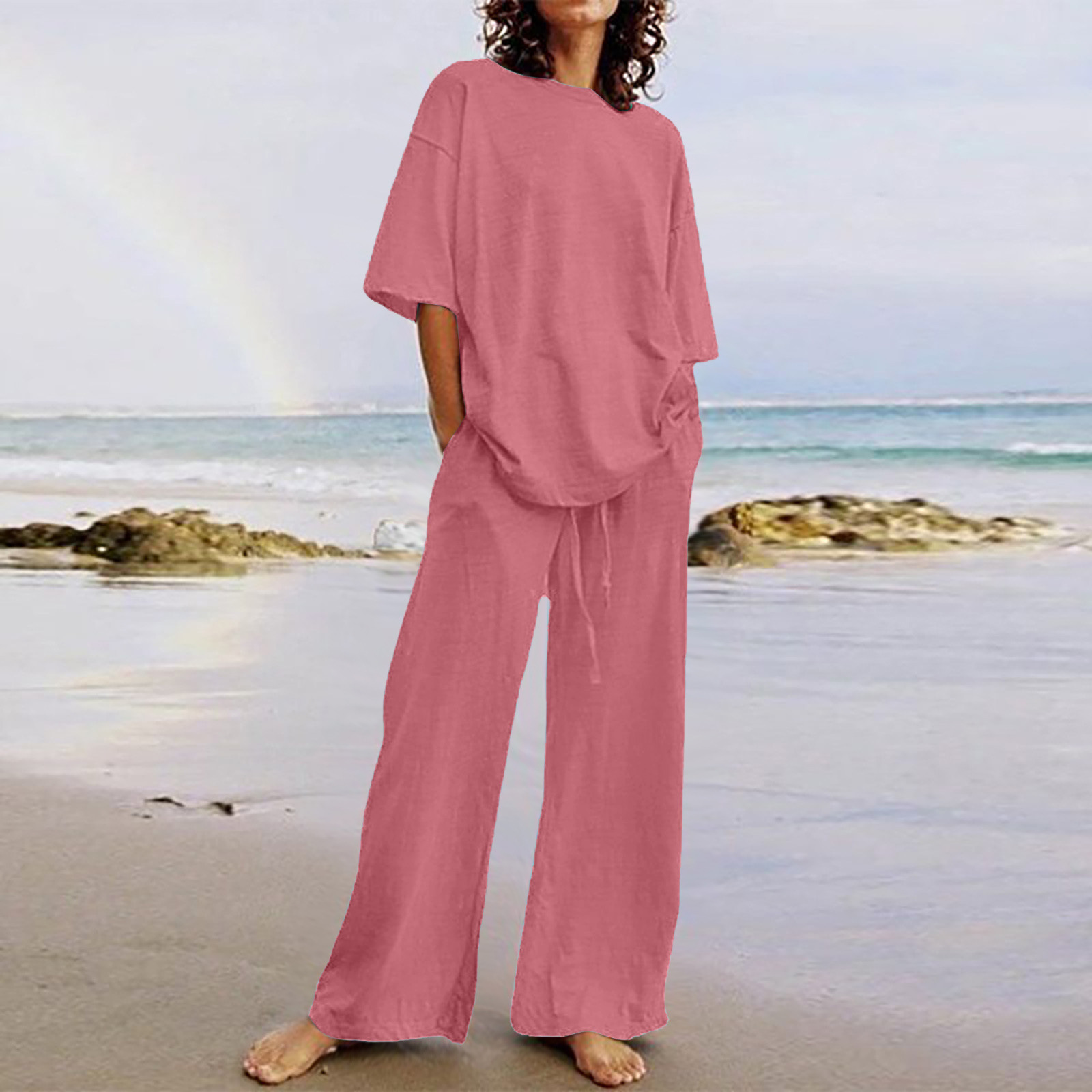New-design Slant Pocket Wide Leg Pants (Color : Hot Pink, Size