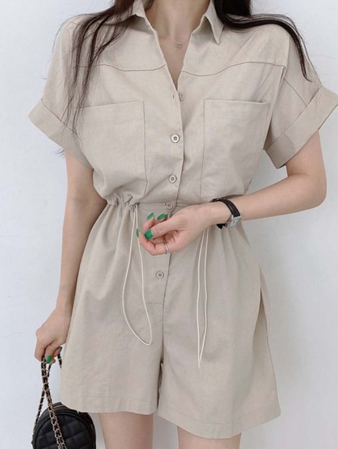 Solid Drawstring Lapel Collar Patch Pocket Rolled Hem Romper