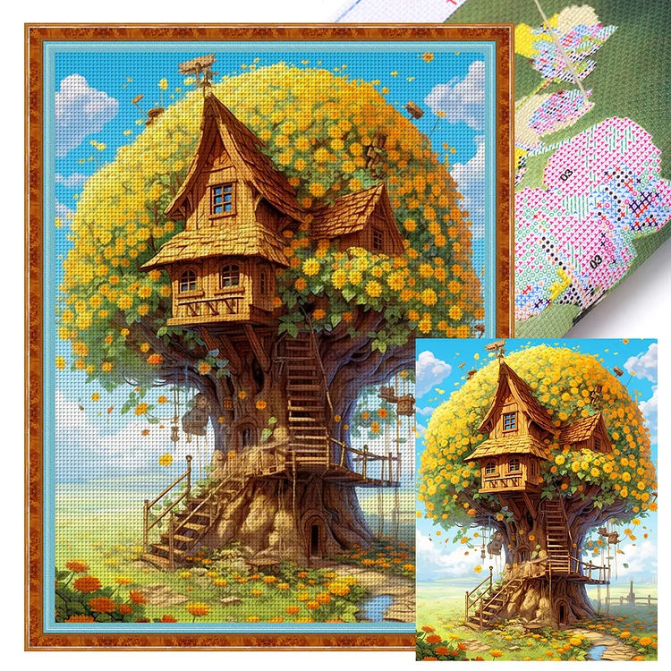 【Huacan Brand】Tree House 16CT Stamped Cross Stitch 50*65CM