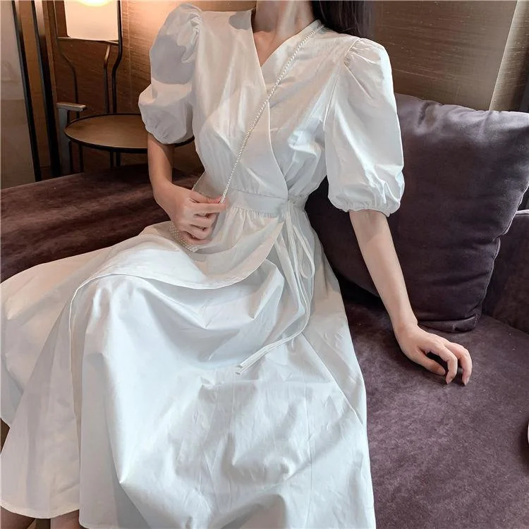 Dresses Sexy Women Summer Purple White V-Neck Solid Lace Up Waist Down Robe Female Puff Sleeve French Style Girls Sweet Popular