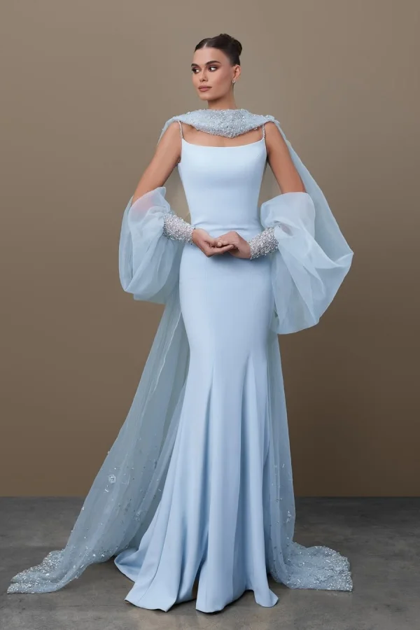 Chic Sky Blue Spaghetti-Straps Mermaid Prom Dress With Tulle Appliques Train ZT0622