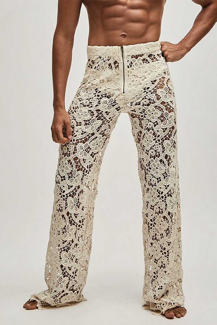 Ciciful See Through Lace Zipper Beige Straight Leg Pants 