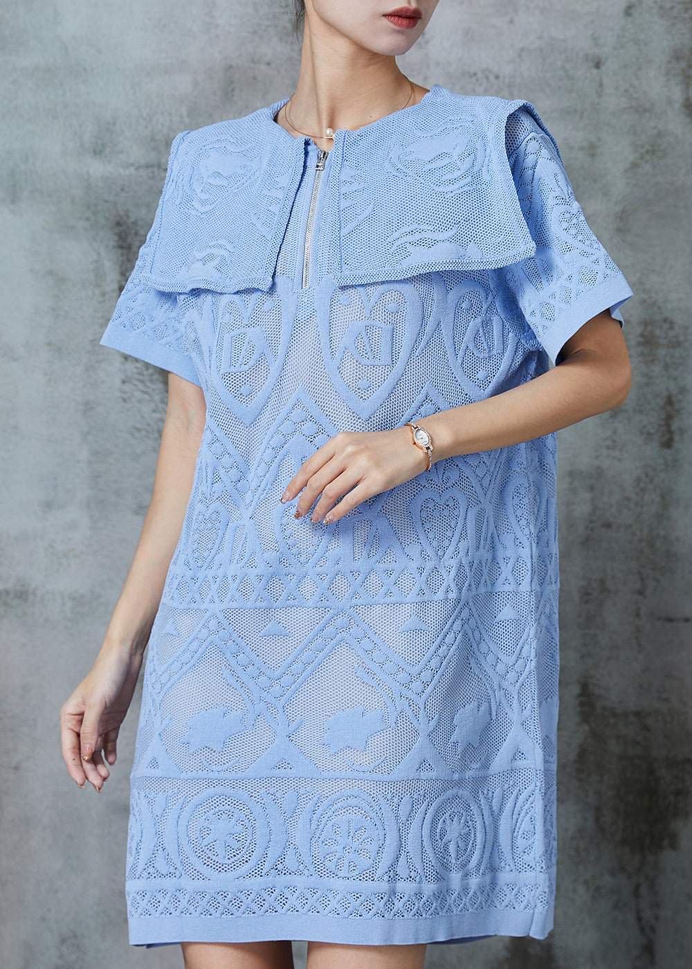 VCSHOES Sky Blue Sailor Collar Embroidered Lace Dress Summer