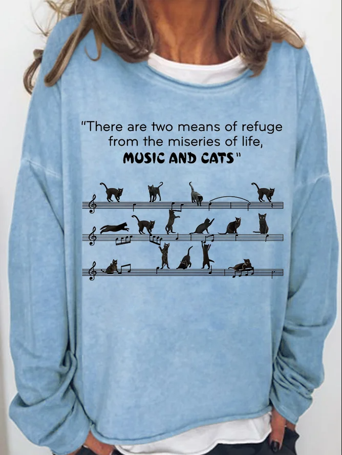 Music And Cats Printed Crewneck T-shirt