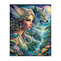 Fantasy Woman with Blue Wolf - Pearls Painting