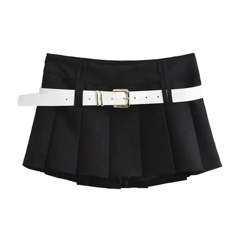 Huibahe Y2k Black Pleated Skirt with Shorts Women Sexy Low Waist A-line Slim Tennis Extreme Mini Skirt Summer Vintage College