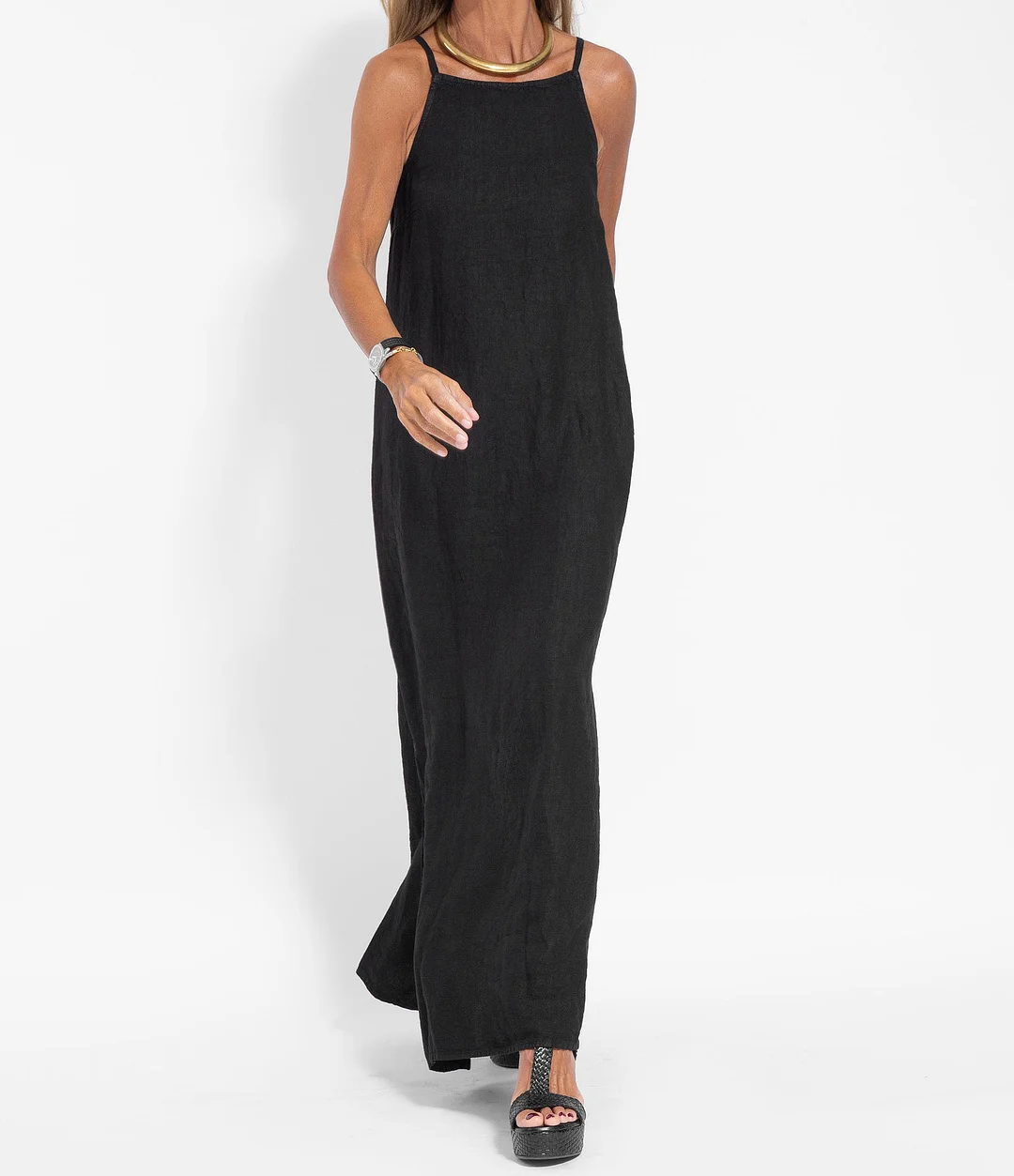 Elegant Solid Color Cotton Linen Sleeveless Long Dress
