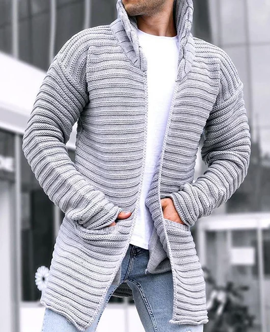 High Neck Pockets Knitted Long Cardigan Sweater 