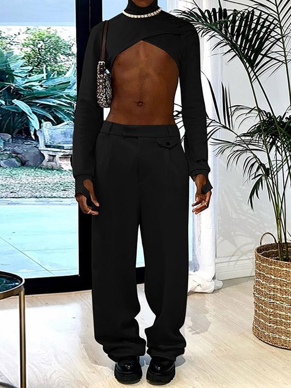 Mens Solid High Neck Two Pieces Outfits SKUJ66272
