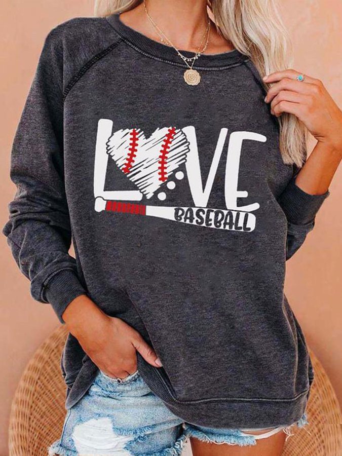 Baseball LOVE Print Crew Neck Sweatshirt