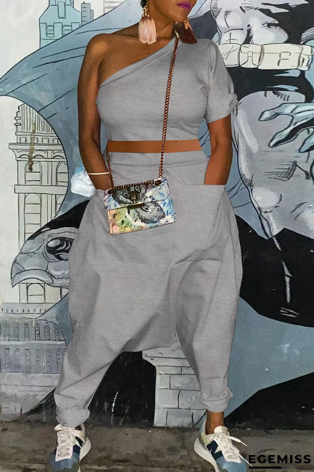 Grey Casual Street Solid Patchwork Oblique Collar Short Sleeve Two Pieces | EGEMISS