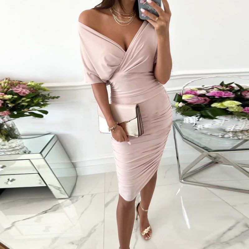 Solid Color V-Neck Sexy Package Hip Midi Dress