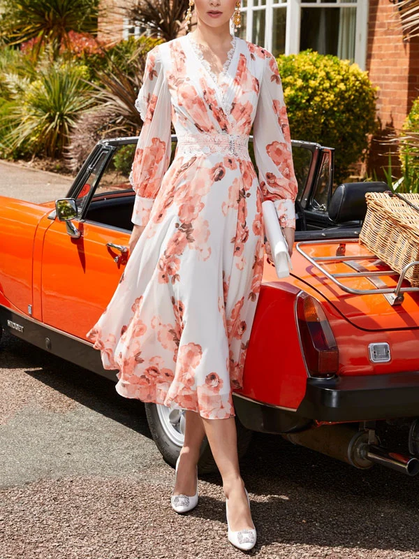 Printed Long Sleeve Lace Trim Ladies Dress