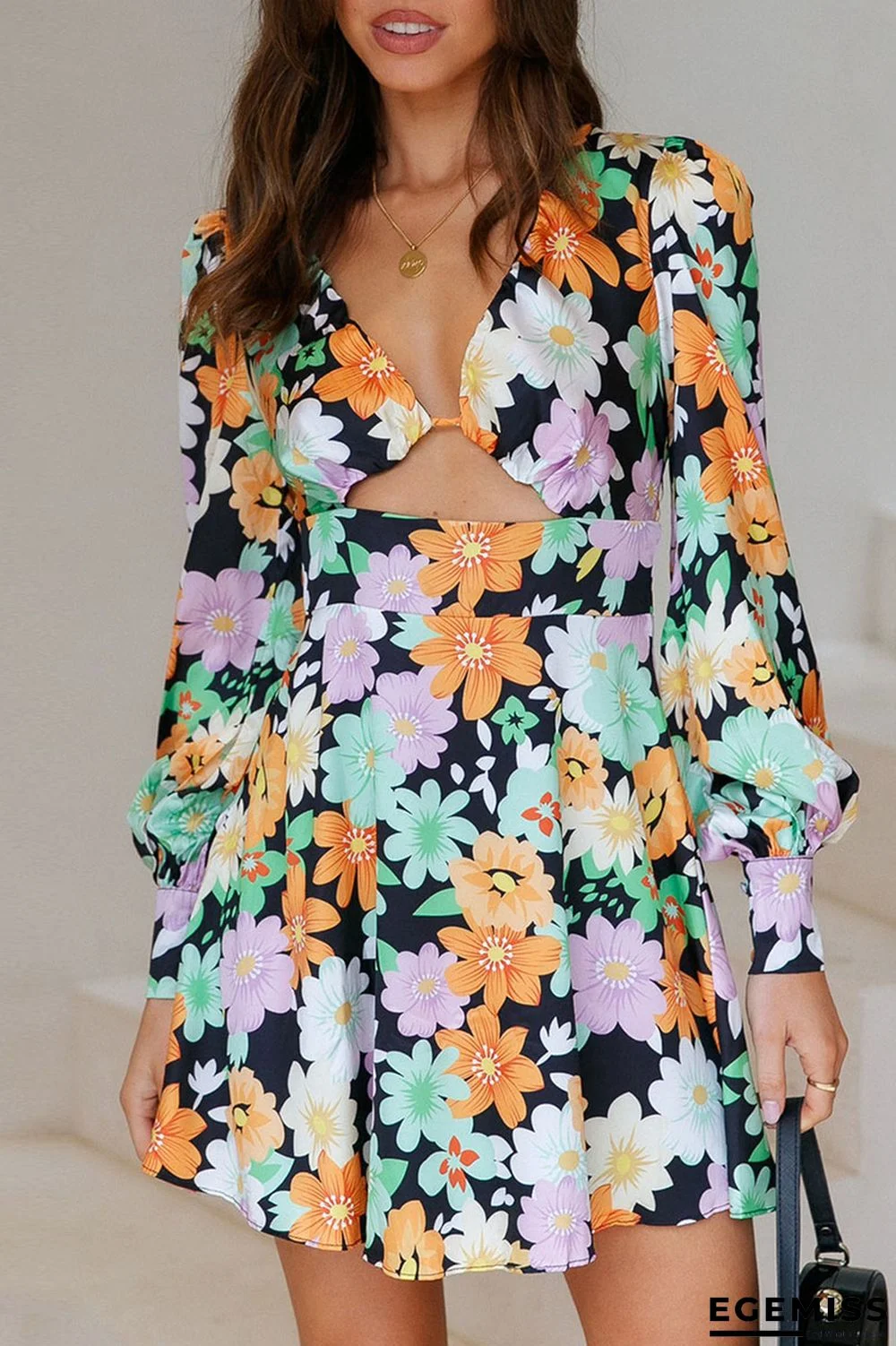 Multicolor Sexy Print Hollowed Out Patchwork V Neck A Line Dresses | EGEMISS