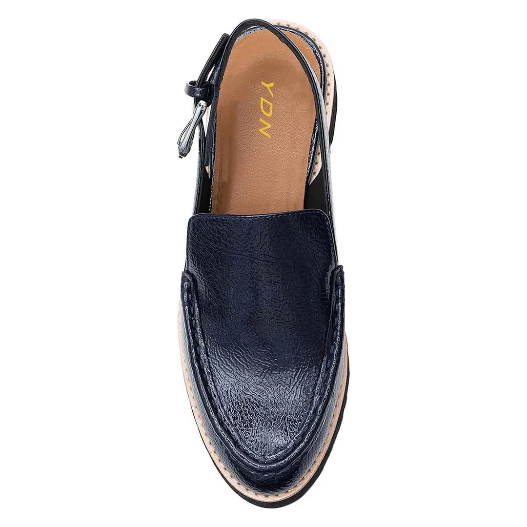 Navy Buckle Round Toe Block Heel Slingback Shoes with Platform