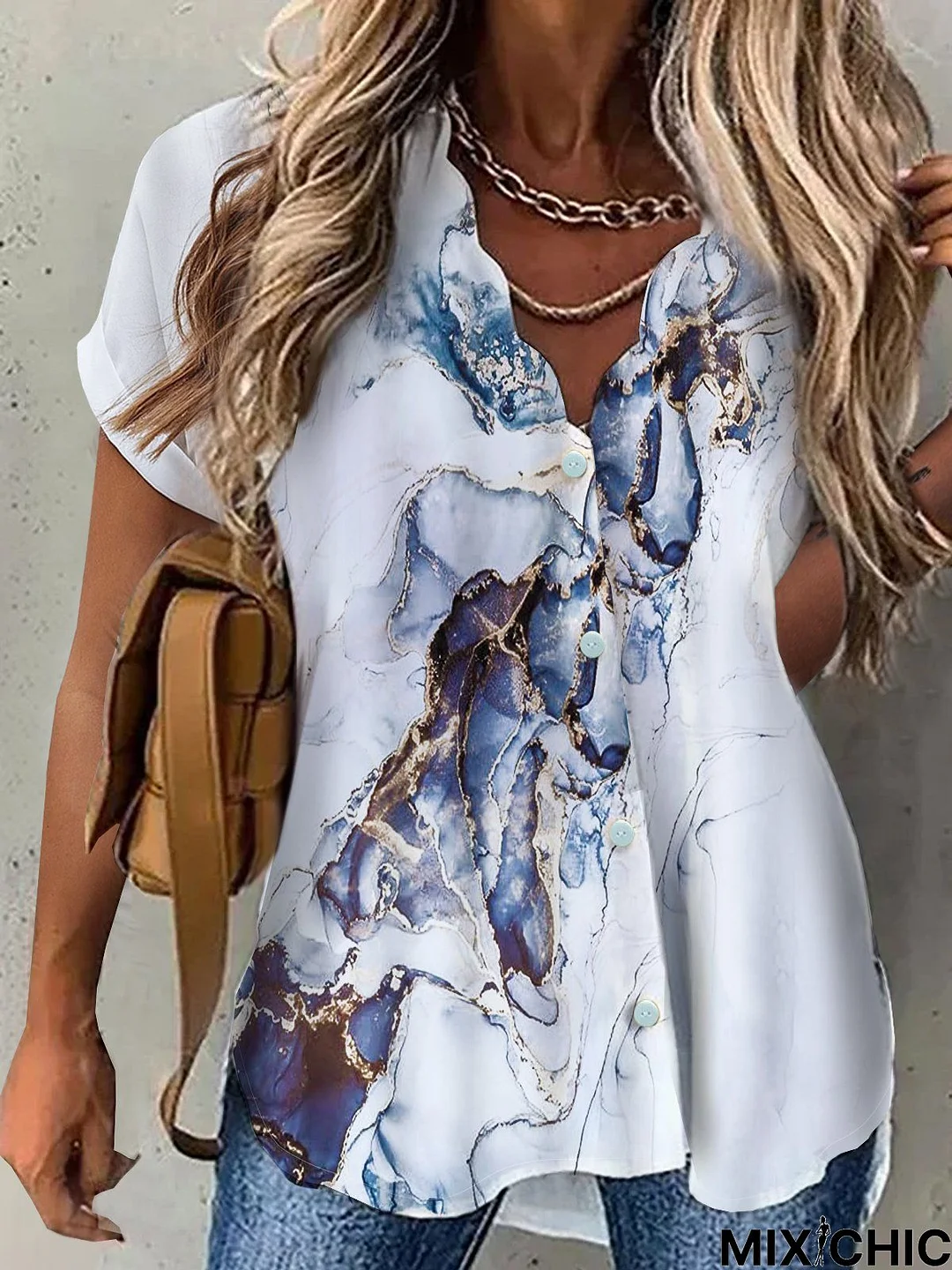 V Neck Printed Loosen Short Sleeve Tunic Blouse