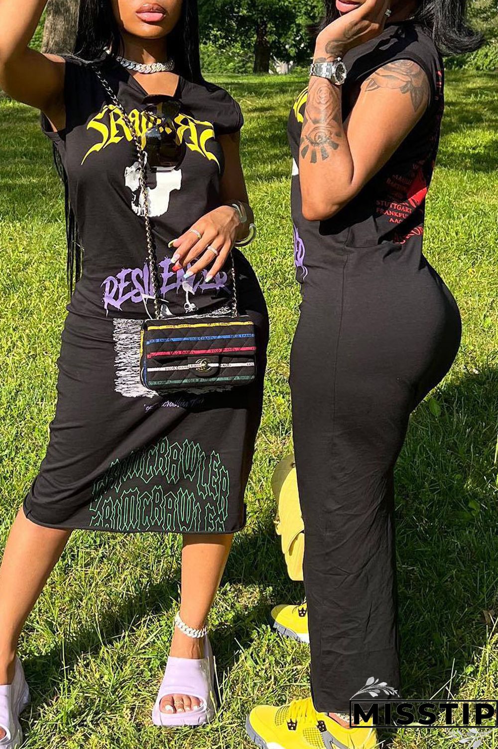 Black Casual Street Print Patchwork O Neck Straight Dresses