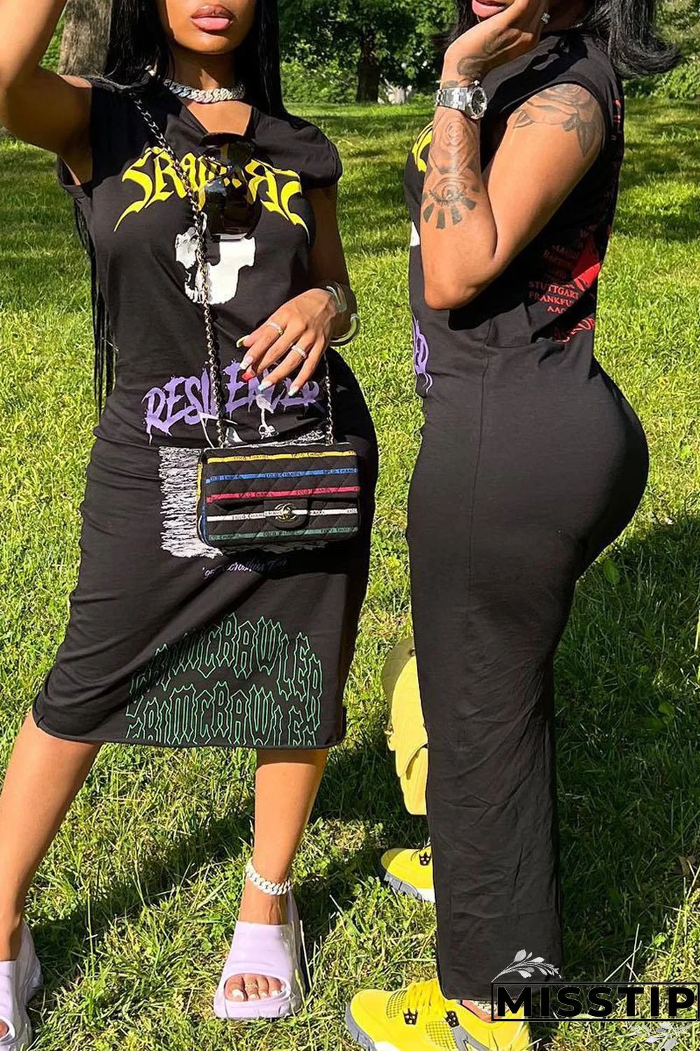 Black Casual Street Print Patchwork O Neck Straight Dresses