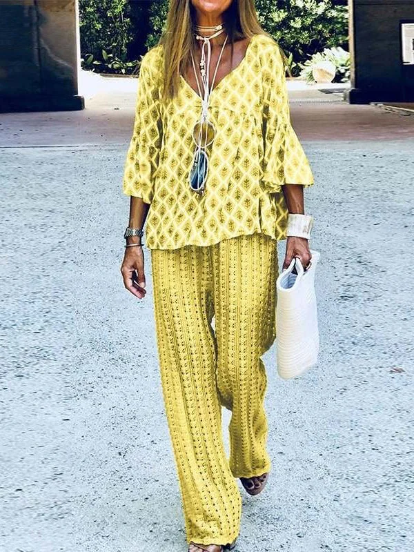 Women's Printed Loose Casual Pants Set Short Sleeve V Neck Tracksuit