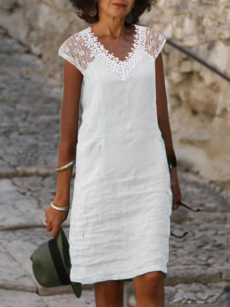 Summer Lace Stitching Straight Elegant Corset V-neck Dress VangoghDress