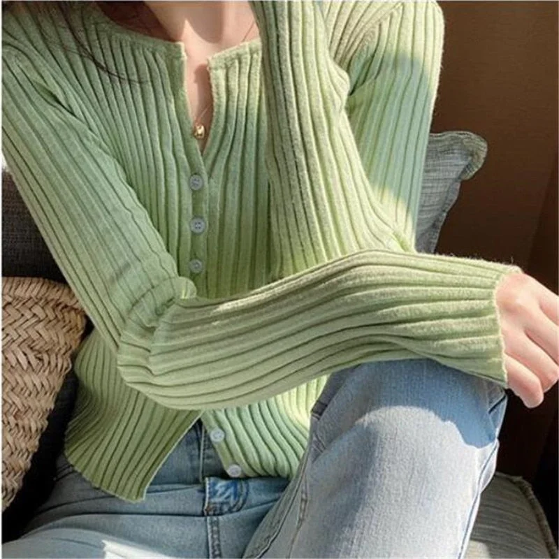Sexy buttons knitted sweater cardigan Korean women Slim ribbed autumn winter sweaters female Knitwear Outwear 2020