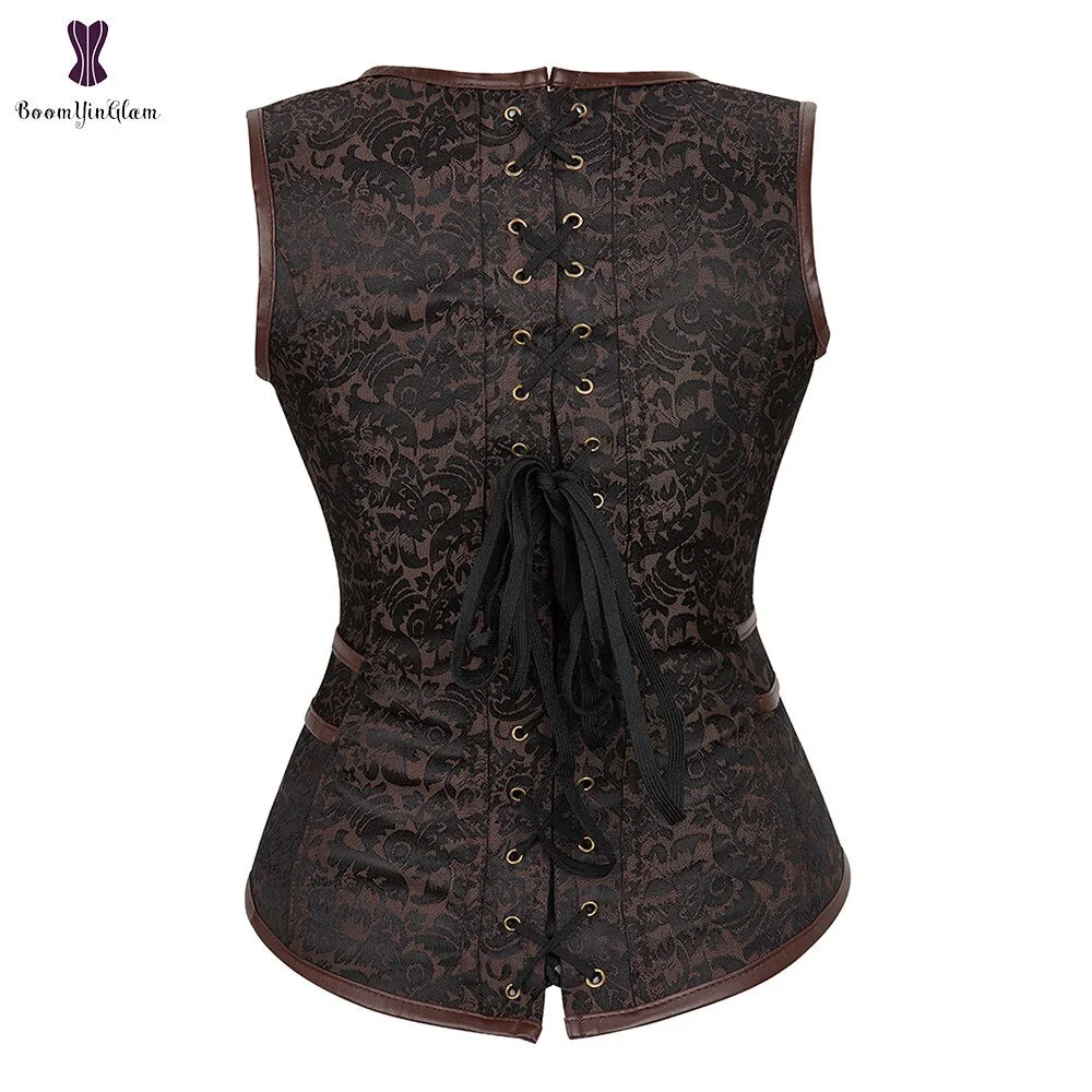 Zip Up Women's Waistcoat Vest Brown Steampunk Gothic Clothing Slimming Body Shaper Top Deep V Bustier Corset With Blets