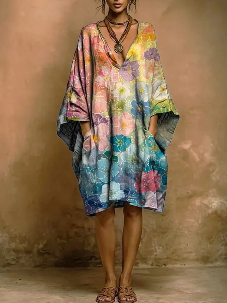 Women's Colorful Floral Print Short-sleeve Cotton-linen Dress