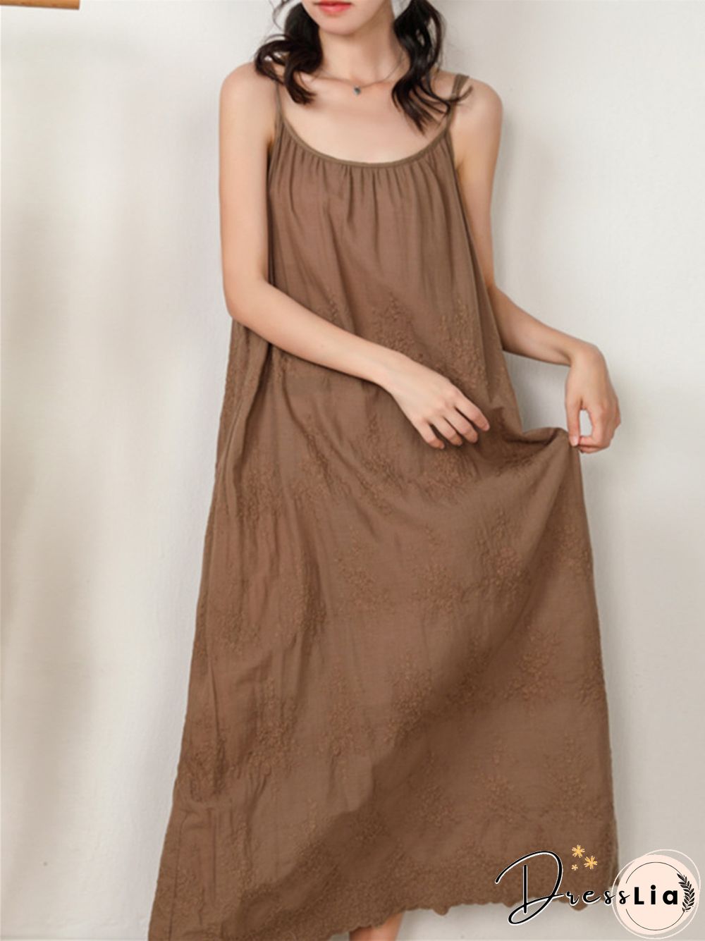 Fresh and Sweet Pure Color Dress Embroidered Loose Cotton Linen Skirt