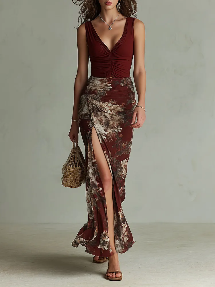 Retro Ruched Floral Print High-Slit Maxi Dress