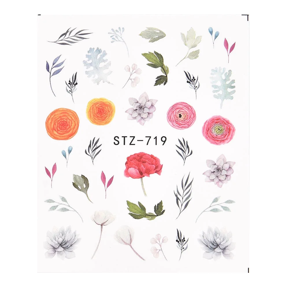 Coloful Flower Leaf 3D Stickers on Nails Decoration Tattoo Water Decals Nail Sticker UV Gel Slider Manicure Wraps-Nail Inspo